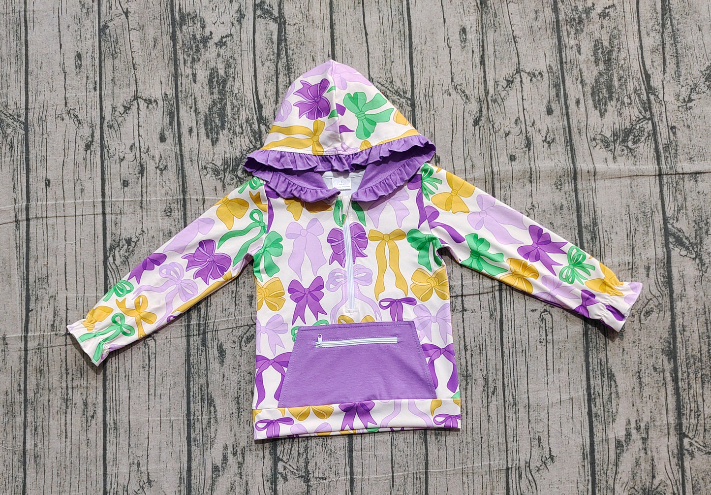 10.20 GT1222 Sample No Moq Baby Girls Mardi Gras Bows Pocket Zipper Ruffle Hoodies Top