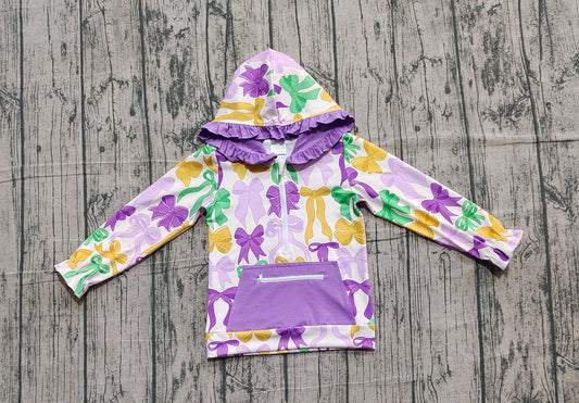 10.20 GT1222 Sample No Moq Baby Girls Mardi Gras Bows Pocket Zipper Ruffle Hoodies Top