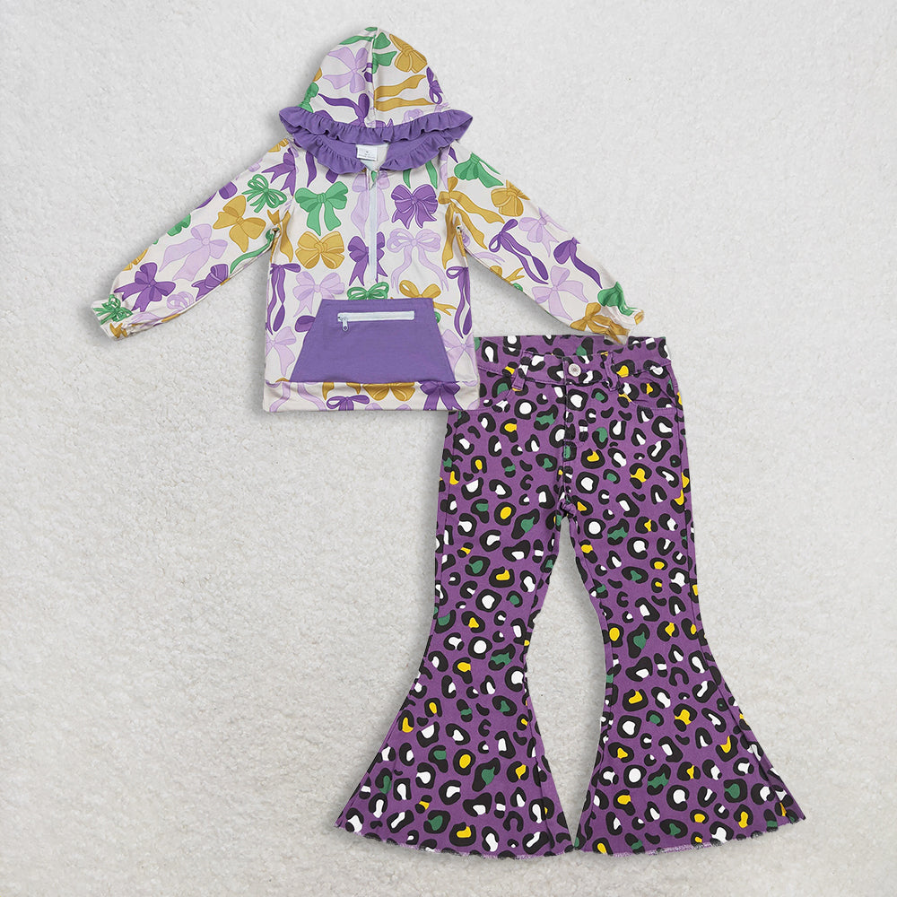 12.4 RTS NO MOQ （In stock）GT1222 +  P0313 Baby Girls Mardigras Bows Pocket Zipper Ruffle Hoodies Top Bell Denim Pants Jeans