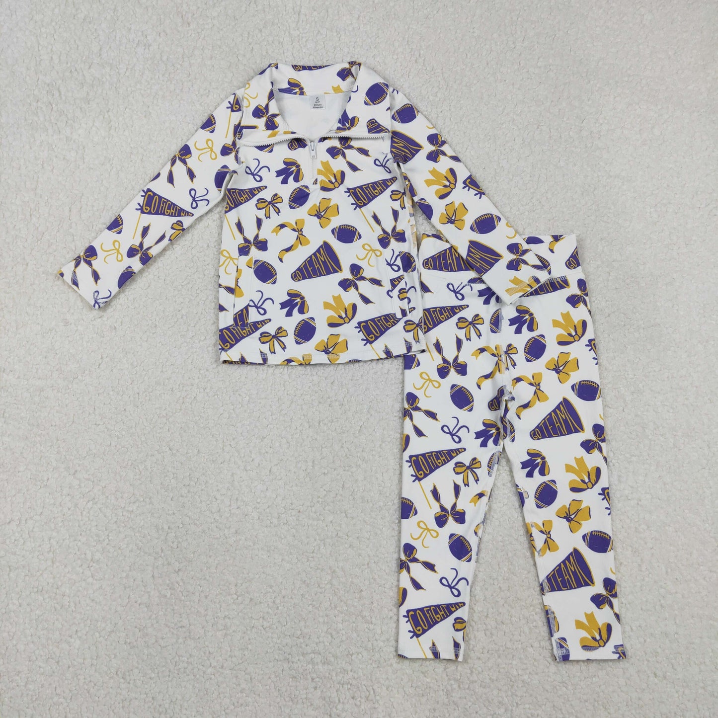 11.21 RTS NO MOQ （In stock）GT1226+P0848 Baby Girls Purple Bows Footballs Go Team Pocket Yoga Active Wear Jackets Legging Pants