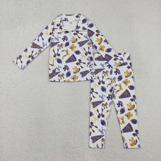 11.21 RTS NO MOQ （In stock）GT1226+P0848 Baby Girls Purple Bows Footballs Go Team Pocket Yoga Active Wear Jackets Legging Pants