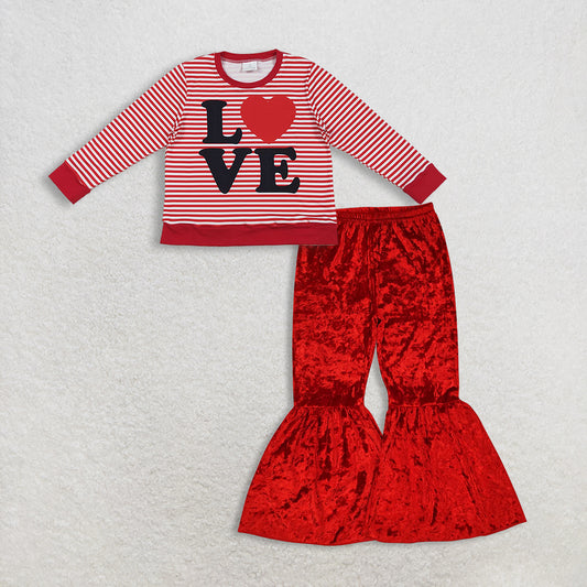 11.12 RTS NO MOQ （In stock）GT1235 +  B3-11 Baby Girls Red Stripe Love Heart Valentine Tee Shirts Top Velvet Bell Bottom Pants