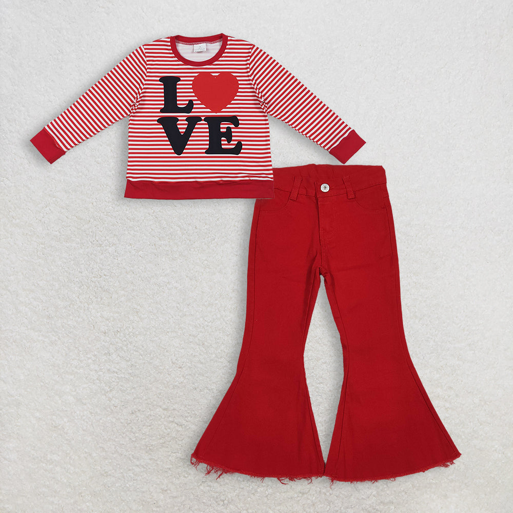 12.11 RTS NO MOQ （In stock）GT1235 + P0083 Baby Girls Red Stripe Love Heart Valentine Tee Shirts Top Denim Bell Jeans Pants