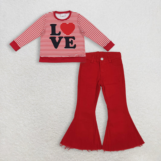 12.11 RTS NO MOQ （In stock）GT1235 + P0083 Baby Girls Red Stripe Love Heart Valentine Tee Shirts Top Denim Bell Jeans Pants