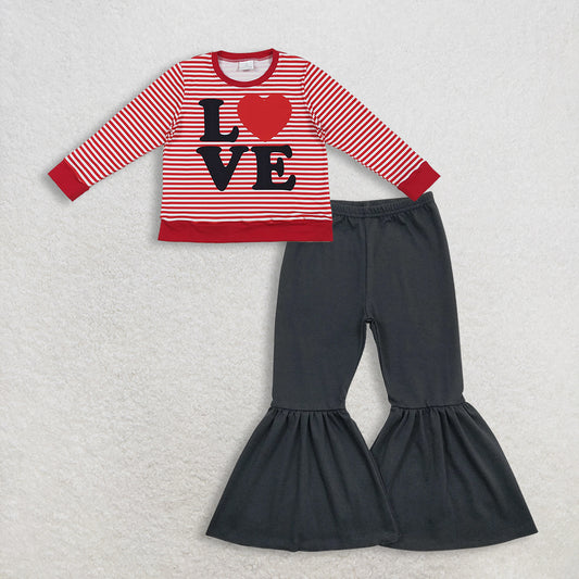 11.12 RTS NO MOQ （In stock）GT1235 +  P0422 Baby Girls Red Stripe Love Heart Valentine Tee Shirts Top  Bell Bottom Flare Pants