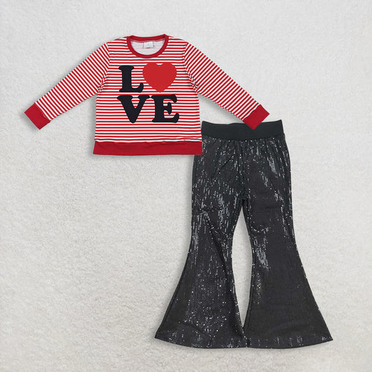 11.24 RTS NO MOQ （In stock）GT1235 + P0495 Baby Girls Red Stripe Love Heart Valentine Tee Shirts Top Sequin Black Bell Bottom Pants