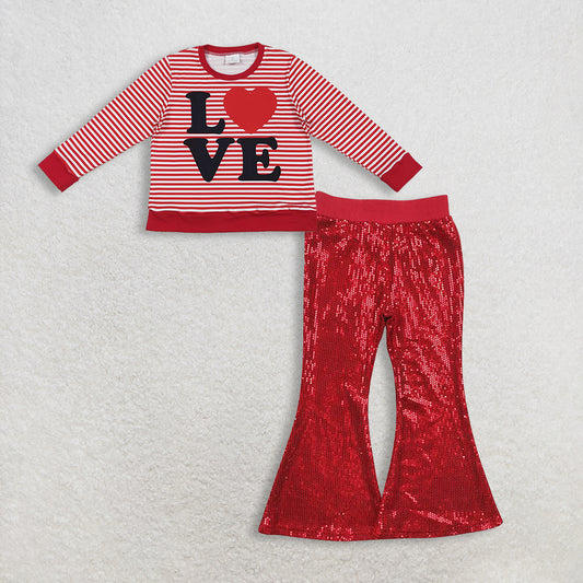 11.24 RTS NO MOQ （In stock）GT1235 + P0497 Baby Girls Red Stripe Love Heart Valentine Tee Shirts Top Sequin Red Bell Bottom Pants