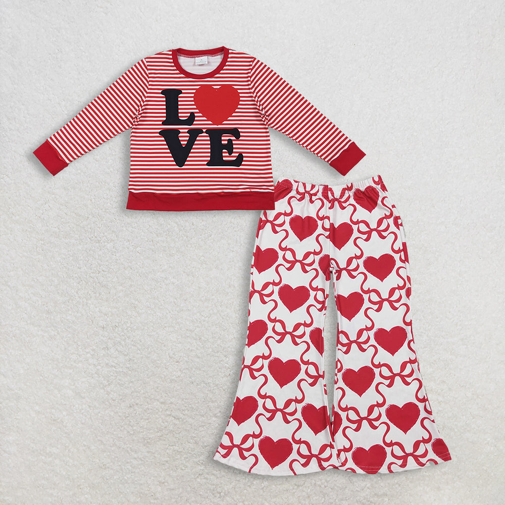 11.24 RTS NO MOQ （In stock）GT1235 + P0895 Baby Girls Red Stripe Love Heart Valentine Tee Shirts Top Bell Bottom Pants