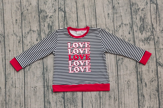 10.1 GT1237 XS-3XL Sample No Moq Baby Girls Long Sleeve Black Stripe Loves Valentine Tee Shirts Top
