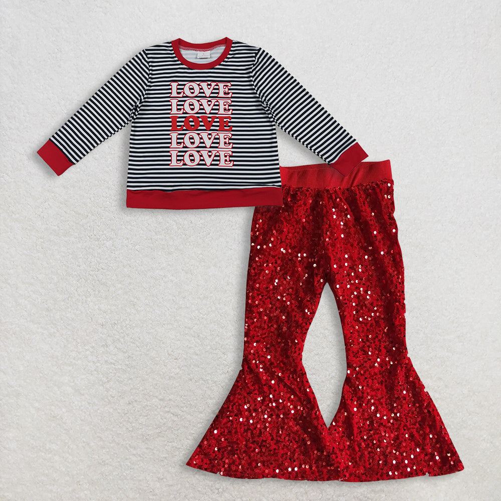 11.12 RTS NO MOQ （In stock）GT1237 + B4-11 Baby Girls Long Sleeve Black Stripe Loves Valentine Tee Shirts Top sequin bell pants