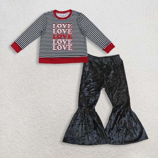 11.21 RTS NO MOQ （In stock）GT1237  + C3-12 Baby Girls Long Sleeve Black Stripe Loves Valentine Tee Shirts Top Black Velvet Bell Pants