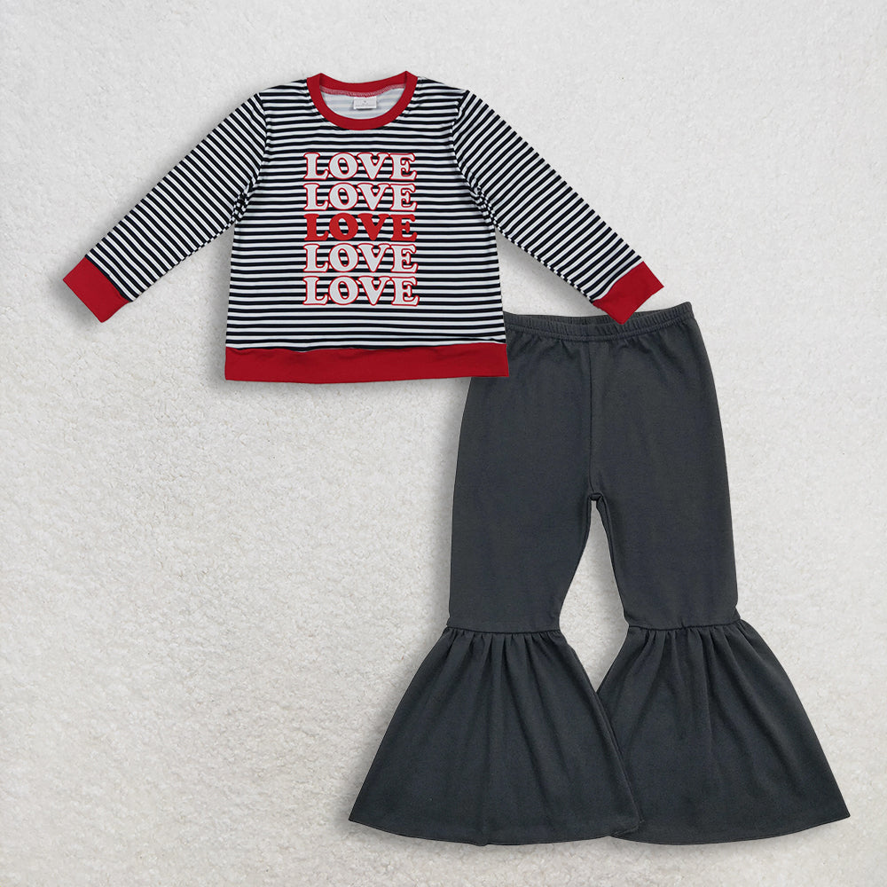 11.14 RTS NO MOQ （In stock）GT1237 + P0422 Baby Girls Long Sleeve Black Stripe Loves Valentine Tee Shirts Top Bell Bottom Flare Pants