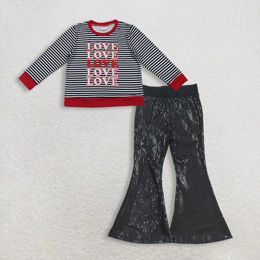 11.24 RTS NO MOQ （In stock）GT1237 + P0495 Baby Girls Long Sleeve Black Stripe Loves Valentine Tee Shirts Top Sequin Black Bell Bottom Pants