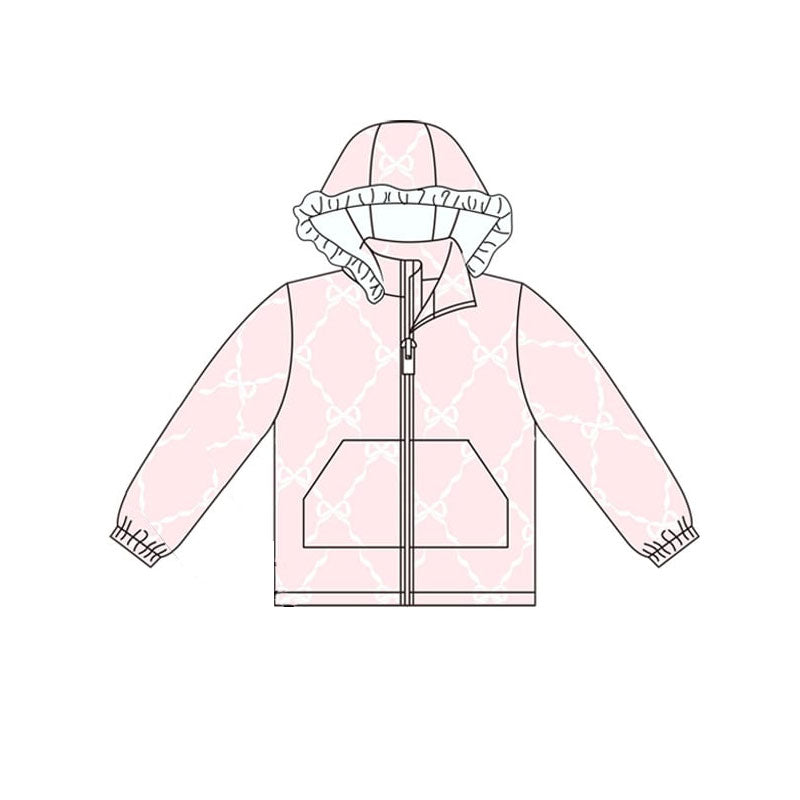 9.20 GT1246 Baby Girls Pink Bows Checked Pocket Zipper Ruffle Hoodies Jackets Top Preorder