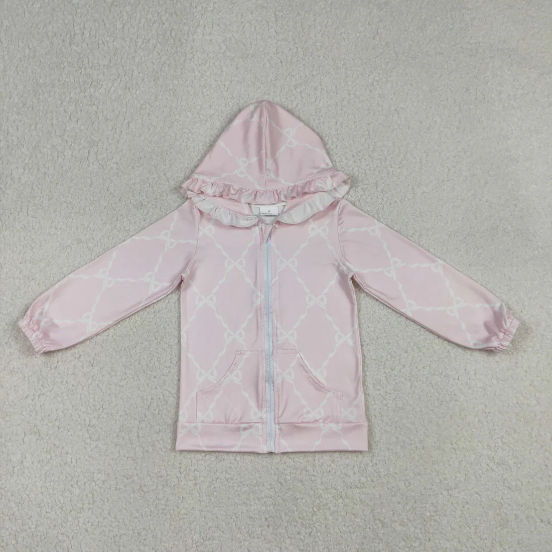 12.30 RST Sibling Baby Girls Long Sleeve Bows Checked Mouths Ruffle Hoodie Zip Pockets Jackets Top