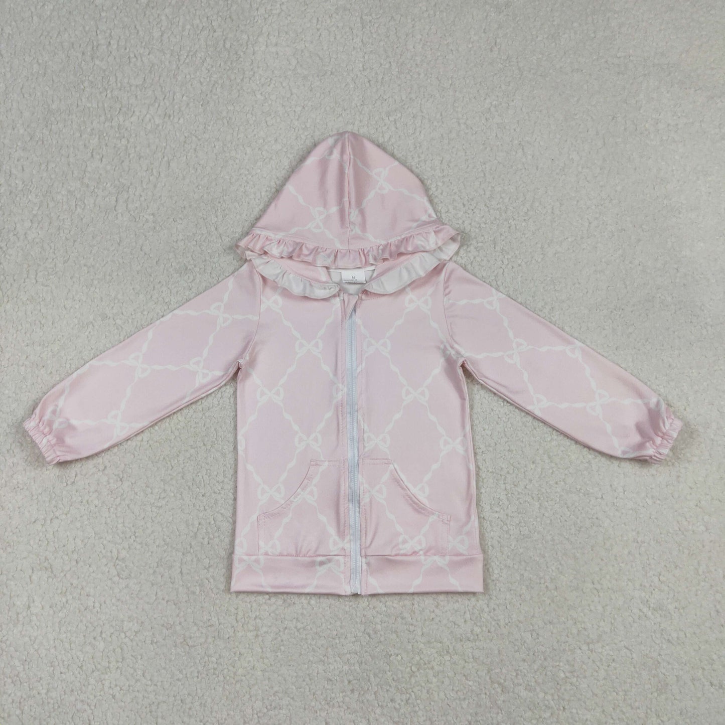 12.24 RTS NO MOQ （In stock）GT1246 Baby Girls Pink Bows Checked Pocket Zip Ruffle Hoodies Jackets Top