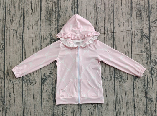 11.20 GT1246 Sample No Moq Baby Girls Pink Bows Checked Pocket Zipper Ruffle Hoodies Jackets Top