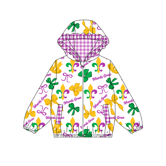 9.22 GT1250 Baby Girls Anchors Bows Pockets Zipper Mardigras Ruffle Hoodies Top Preorder