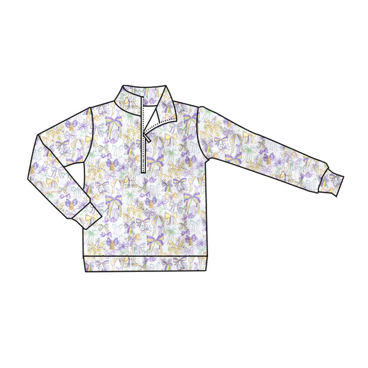 9.23 GT1251 Baby Girls Long Sleeve Mardigras Bows Zipper Pullovers Top Preorder