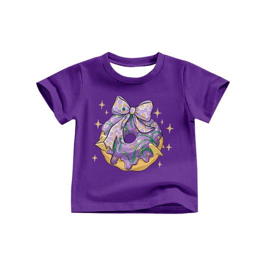 9.25 GT1252 Pre order No Moq Baby Girls Purple Short Sleeve Donuts Bows Mardigras Tee Shirts Top