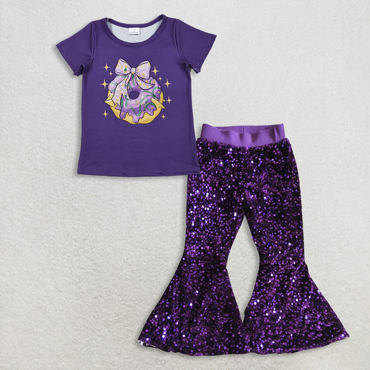 11.8 RTS NO MOQ （In stock）GT1252 + P0032 Baby Girls Purple Bows Donuts Top Sequin Sequin Bell Bottom Pants Mardigras Clothes Sets