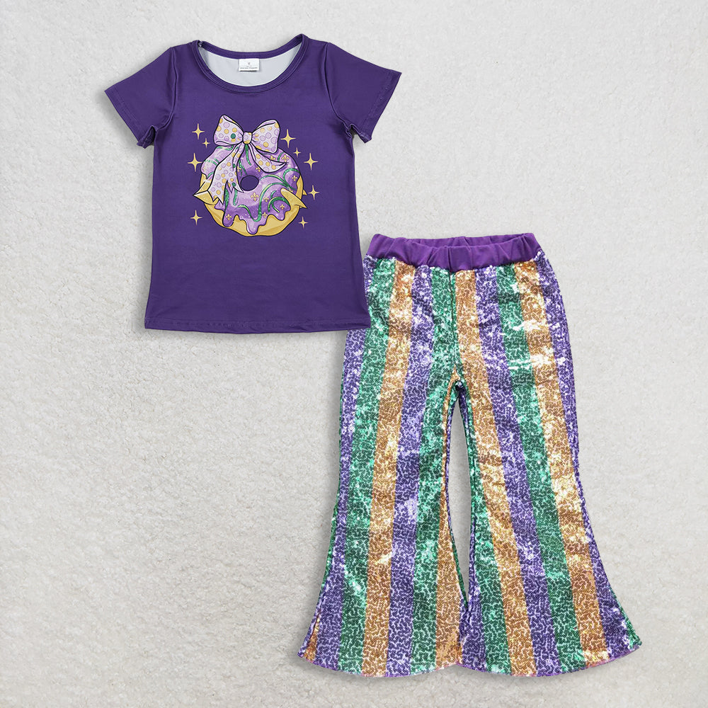 11.14 RTS NO MOQ （In stock）GT1252 + P0277 Baby Girls Purple Bows Donuts Top Purple Green Golden Sequin Bell Bottom Pants