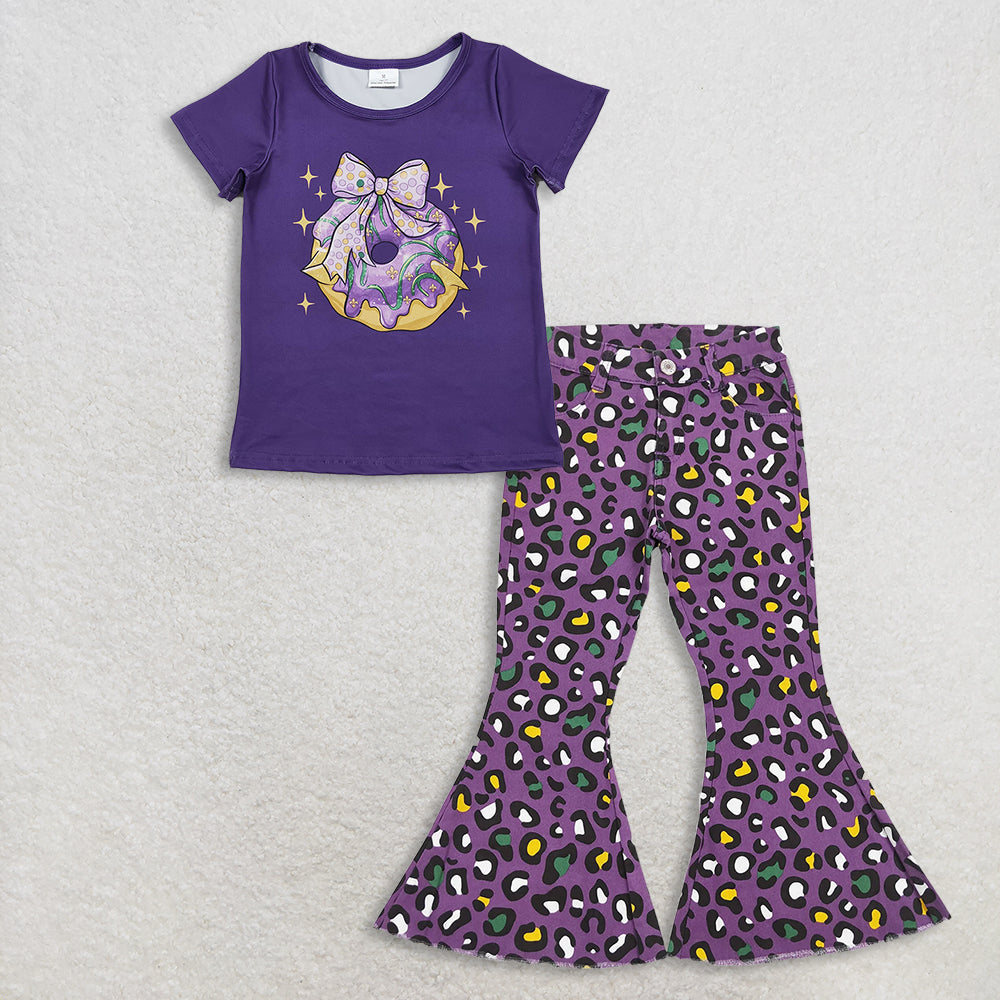11.10 RTS NO MOQ （In stock）GT1252 + P0313 Baby Girls Purple Bow Donuts Top Leopard Denim Bell Bottom Pants Mardigras Clothes Sets