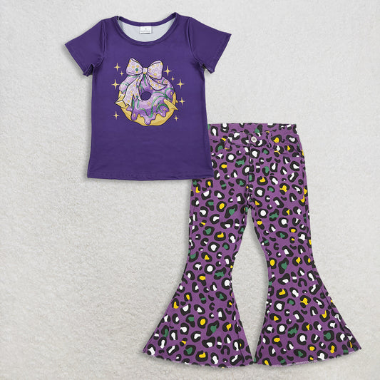 11.10 RTS NO MOQ （In stock）GT1252 + P0313 Baby Girls Purple Bow Donuts Top Leopard Denim Bell Bottom Pants Mardigras Clothes Sets