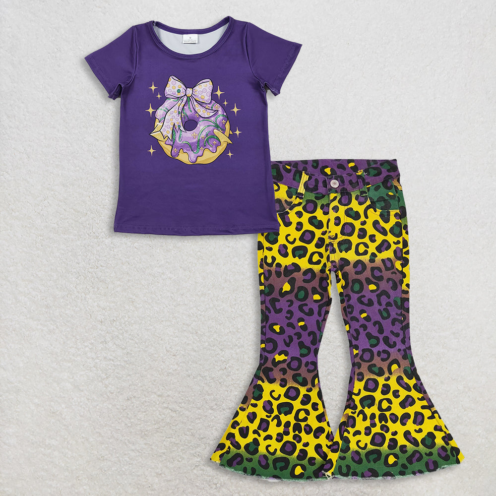 11.10 RTS NO MOQ （In stock）GT1252  + P0314 Baby Girls Purple Bow Donuts Top Leopard Bell Denim Pants Jeans