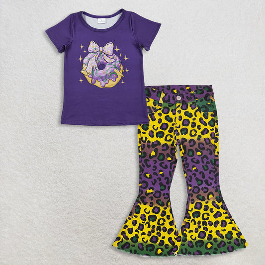11.10 RTS NO MOQ （In stock）GT1252  + P0314 Baby Girls Purple Bow Donuts Top Leopard Bell Denim Pants Jeans