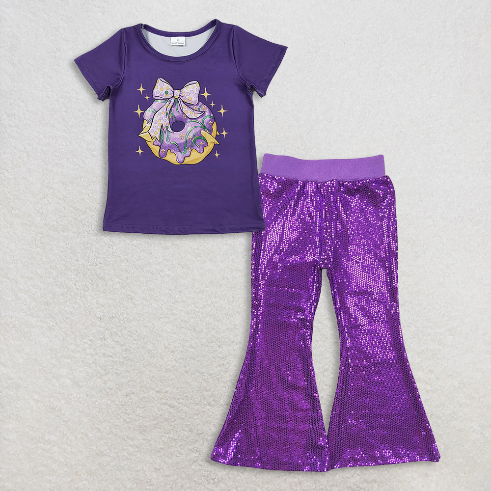 11.8 RTS NO MOQ （In stock）GT1252  + P0500 Baby Girls Purple Bows Donuts Top Sequin Sequin Bell Bottom Pants Mardigras Clothes Sets