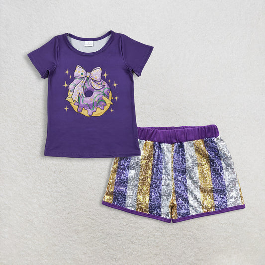 11.13 RTS NO MOQ （In stock）GT1252 + SS0115 Baby Girls Purple Bows Donuts Top Purple White Gold Sequin Shorts