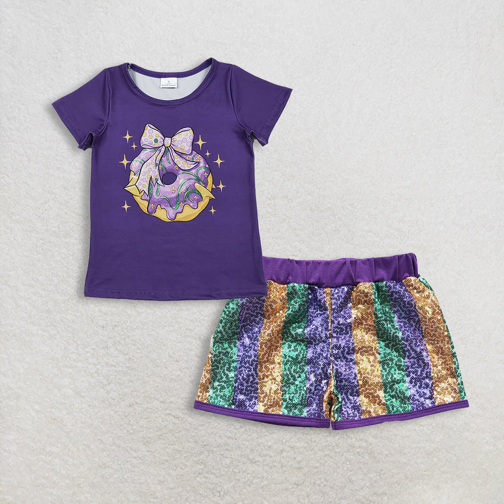 11.12 RTS NO MOQ （In stock）GT1252 + SS0116 Baby Girls Purple Bows Donuts Top Stripe Sequin Shorts Mardigras Clothes Sets