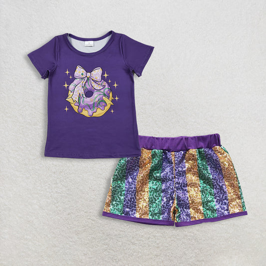 11.12 RTS NO MOQ （In stock）GT1252 + SS0116 Baby Girls Purple Bows Donuts Top Stripe Sequin Shorts Mardigras Clothes Sets