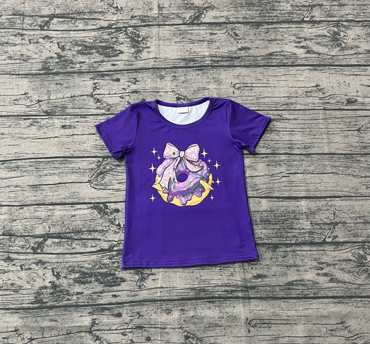 10.4 GT1252 Sample No Moq Baby Girls Purple Short Sleeve Donuts Bows Mardigras Tee Shirts Top