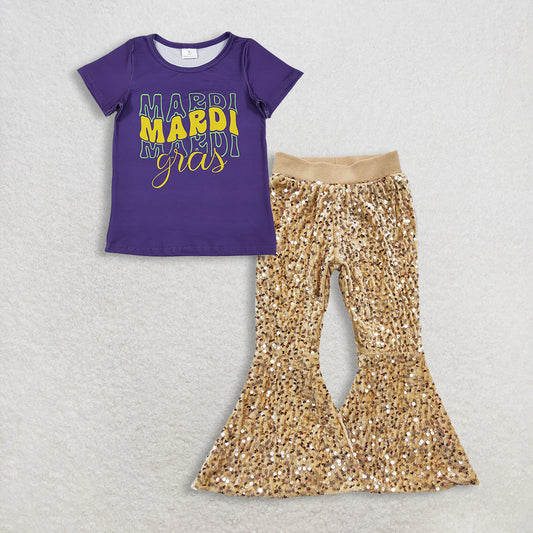 11.15 RTS NO MOQ （In stock）GT1253 + P0110 Baby Girls Purple Shirts Top Golden Sequin Bell Bottom Pants