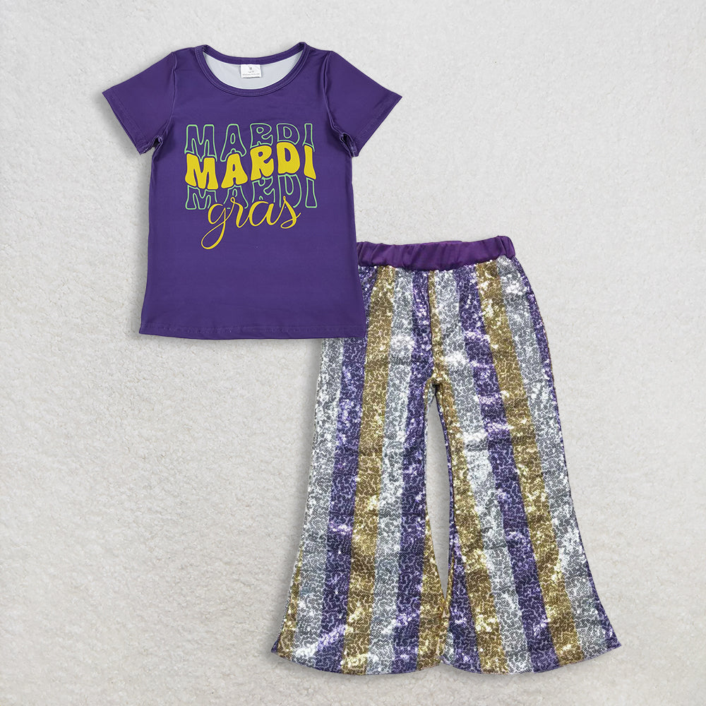 11.14 RTS NO MOQ （In stock）GT1253 + P0276 Baby Girls Purple Shirts Top Stripe Sequin Flare Pants Mardigras Clothes Sets