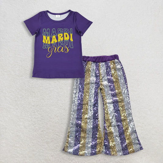 11.14 RTS NO MOQ （In stock）GT1253 + P0276 Baby Girls Purple Shirts Top Stripe Sequin Flare Pants Mardigras Clothes Sets