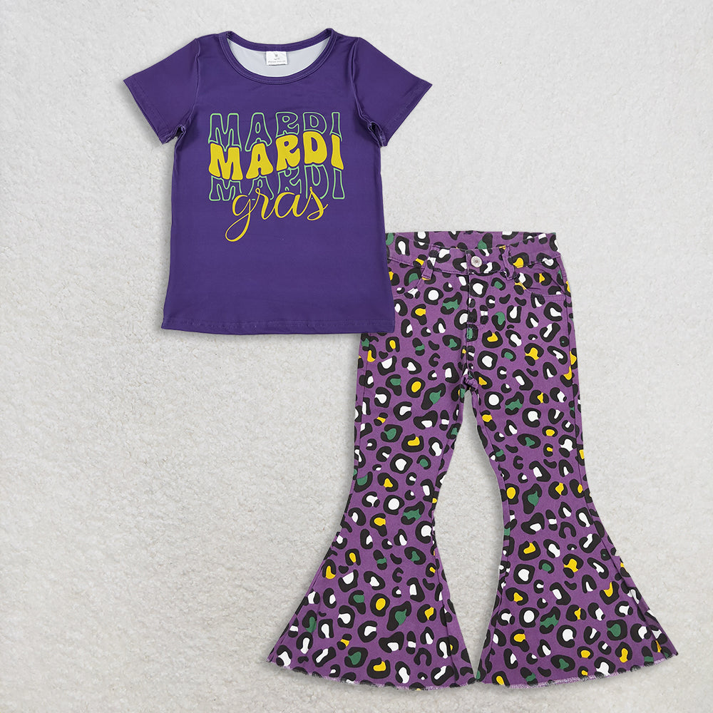 11.10 RTS NO MOQ （In stock）GT1253 + P0313 Baby Girls Purple Shirts Top Leopard Denim Bell Bottom Pants Mardigras Clothes Sets