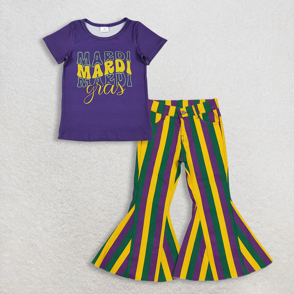 11.15 RTS NO MOQ （In stock）GT1253 + P0327 Baby Girls Purple Short Sleeve Mardigras Tee Shirts Top Stripes Bell Denim Pants Jeans