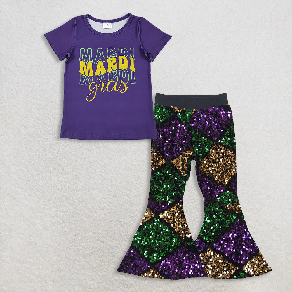 11.8 RTS NO MOQ （In stock）GT1253 + P0359 Baby Girls Purple Shirts Top Sequin Bell Bottom Pants Mardigras Clothes Sets