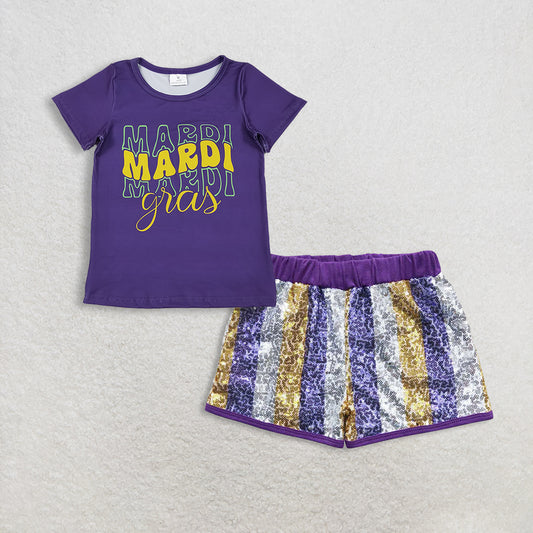 11.13 RTS NO MOQ （In stock）GT1253 + SS0115 Baby Girls Purple Shorts Top Purple White Gold Sequin Shorts