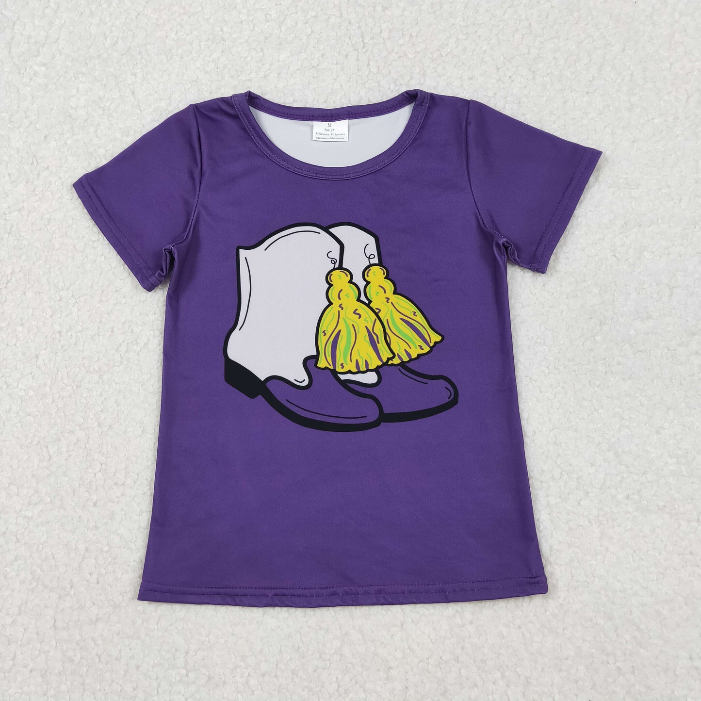 10.30 RTS NO MOQ （In stock）GT1254 Baby Girls Purple Short Sleeve Boots Tassel Mardigras Tee Shirts Top