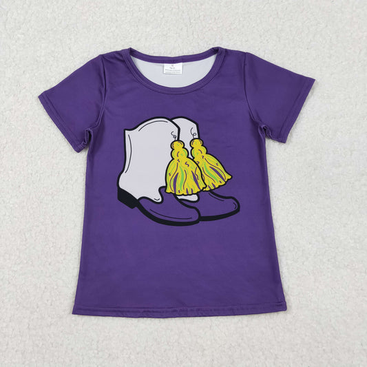 10.30 RTS NO MOQ （In stock）GT1254 Baby Girls Purple Short Sleeve Boots Tassel Mardigras Tee Shirts Top