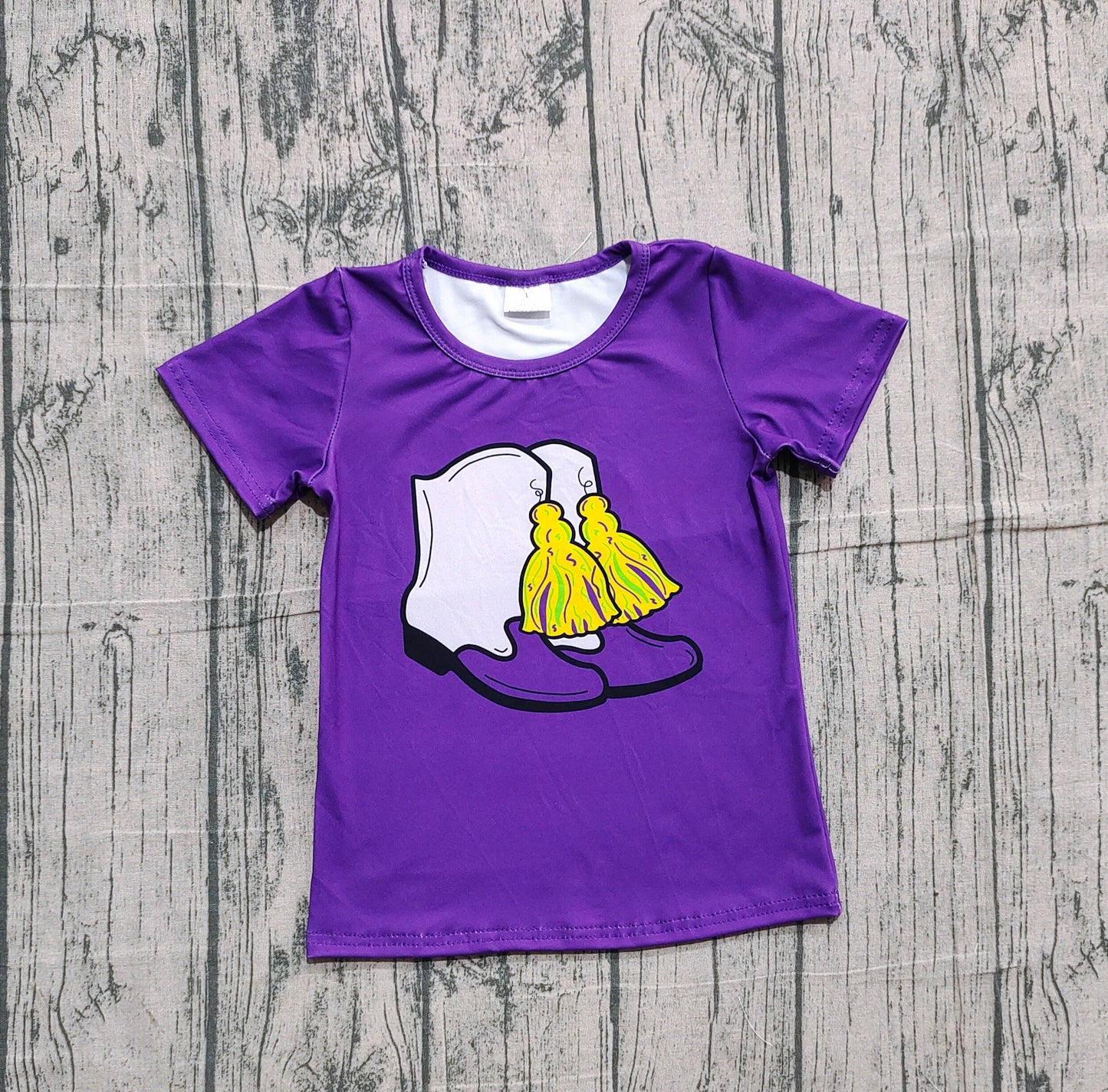 10.20 GT1254 Sample No Moq Baby Girls Purple Short Sleeve Boots Mardigras Tee Shirts Top