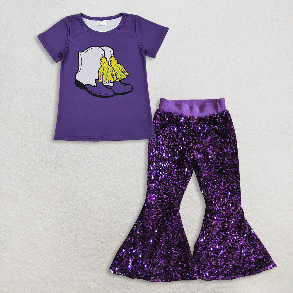11.8 RTS NO MOQ （In stock）GT1254 + P0032 Baby Girls Purple Boots Tassel Top Sequin Bell Bottom Pants Mardigras Clothes Sets