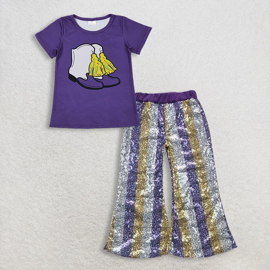 11.14 RTS NO MOQ （In stock）GT1254 + P0276 Baby Girls Purple Boots Tassel Top Stripe Sequin Flare Pants Mardigras Clothes Sets