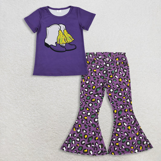 11.10 RTS NO MOQ （In stock）GT1254 + P0313 Baby Girls Purple Boot Tassel Top Leopard Denim Bell Bottom Pants Mardigras Clothes Sets
