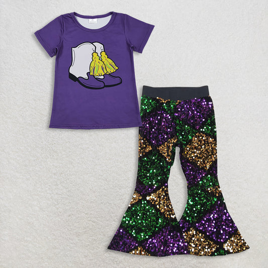 11.8 RTS NO MOQ （In stock）GT1254 + P0359 Baby Girls Purple Boots Tassel Top Sequin Bell Bottom Pants Mardigras Clothes Sets