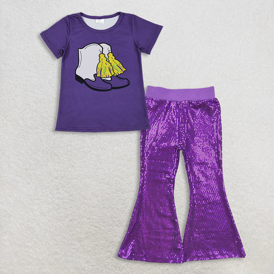 11.8 RTS NO MOQ （In stock）GT1254 + P0500 Baby Girls Purple Boots Tassel Top Sequin Bell Bottom Pants Mardigras Clothes Sets